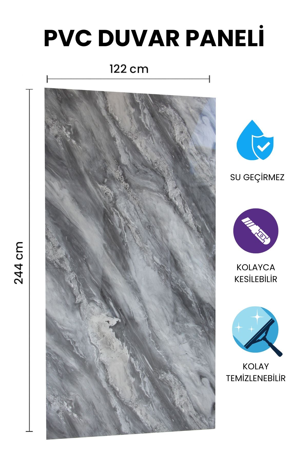 BLACK GRAY NARSO Mermer Desenli PVC Panel 122 x 244 CM