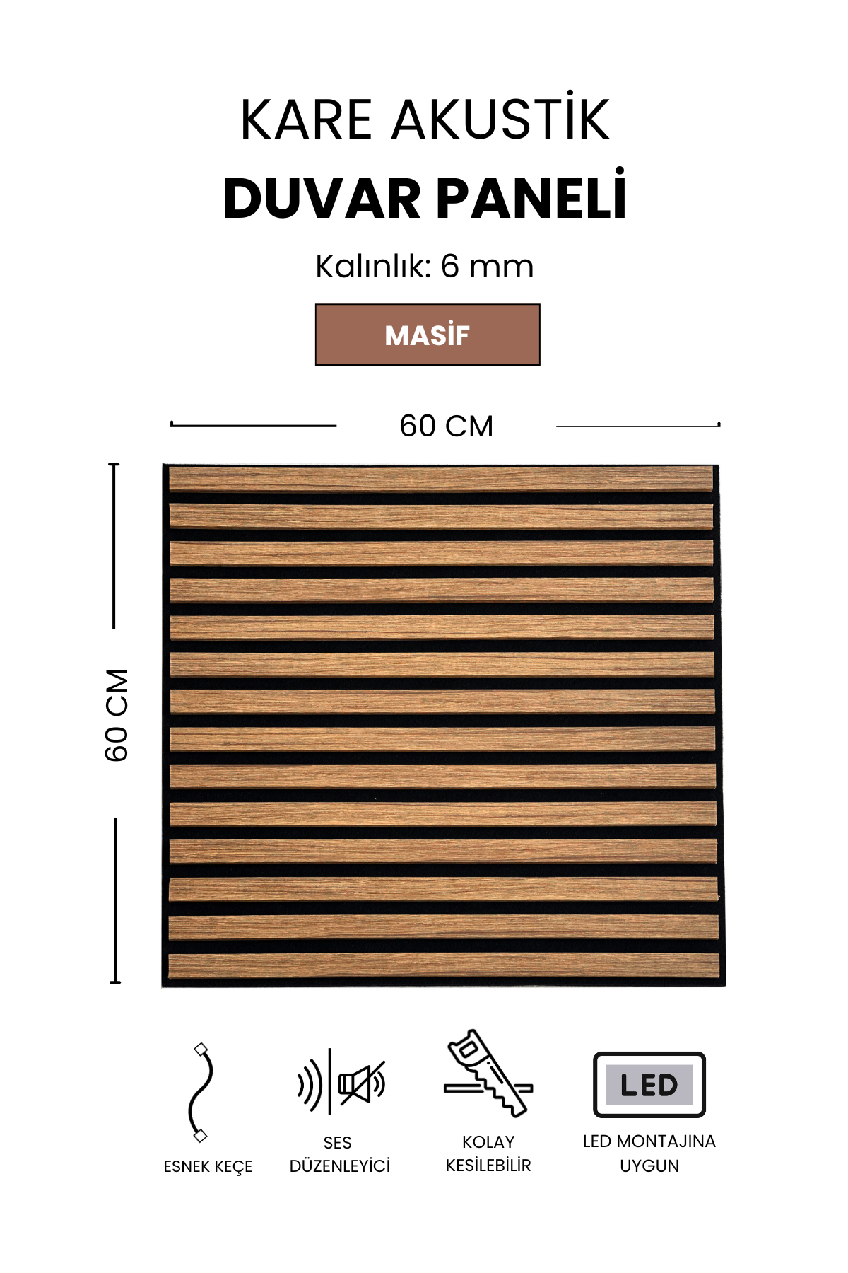 Kare Mdf Çıtalı Akustik Duvar Paneli 60 x 60 CM